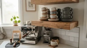 Space-saving storage ideas for espresso cups for home baristas in a compact urban flat kitchen.