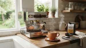 A neat home espresso setup featuring espresso cups for home baristas on a wooden countertop next to an espresso machine.