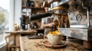 The exact moment of extraction into espresso cups for home baristas during a morning routine.