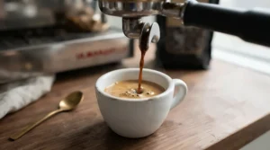 A freshly pulled rich dark shot poured into espresso cups for home baristas designed for strong coffee.