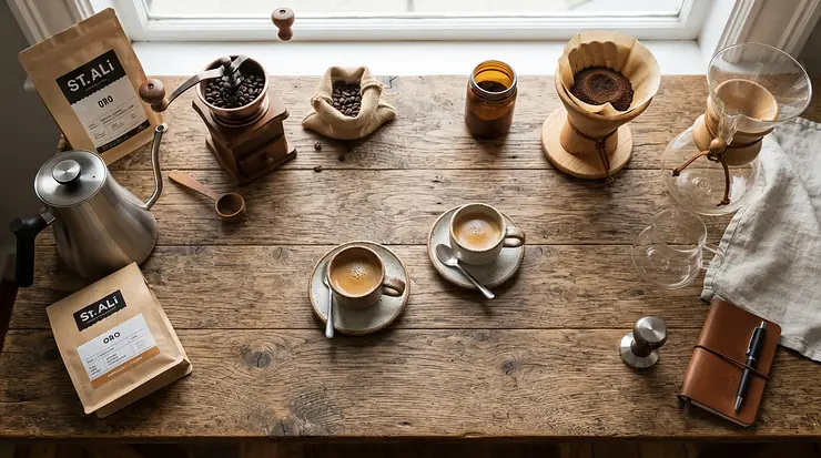A stylish flat lay showcasing different espresso cups for home baristas alongside coffee beans and a tamper.