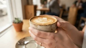 A barista holding a curved tulip cup shape chosen among espresso cups for home baristas for pouring latte art.