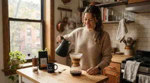 A relaxed weekend scene showing espresso cups for home baristas ready for a double shot extraction.