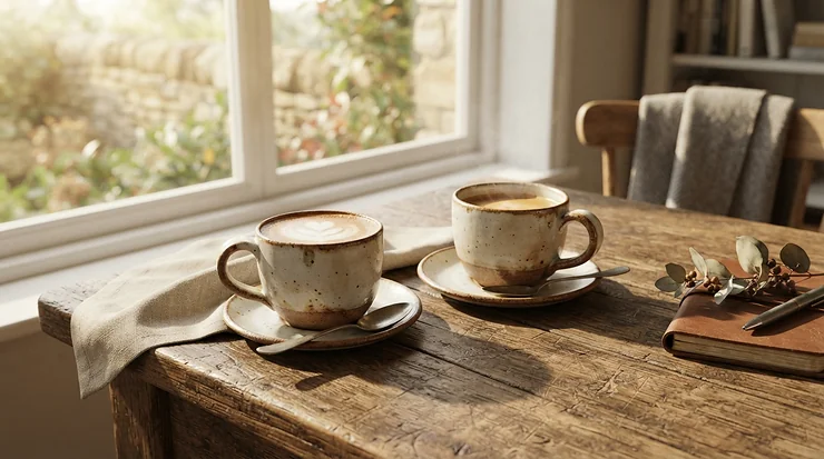 Thick-walled porcelain espresso cups under £15 keeping freshly poured coffee warm in a cosy home kitchen.
