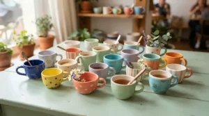 A colourful assortment of cheap porcelain espresso cups under £15 on a bright breakfast table.
