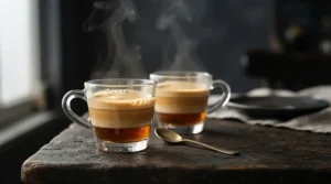 Clear glass espresso cups under £15 showing the layered crema of a freshly brewed shot.