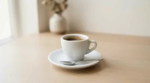 Minimalist white espresso cups under £15 placed on matching saucers beside a silver teaspoon.