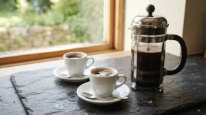 Two affordable espresso cups under £15 filled with rich dark coffee next to a shiny metal cafetiere.