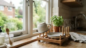 A clean porcelain espresso cup and saucer set air drying naturally on a kitchen dish rack