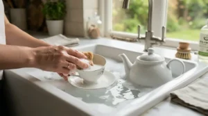 A porcelain espresso cup and saucer set being gently cleaned by hand in a Belfast sink