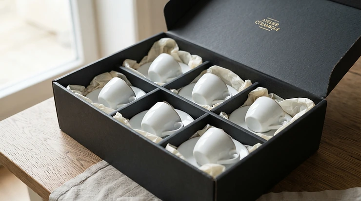 A stylish porcelain espresso cup and saucer set presented in an elegant presentation gift box