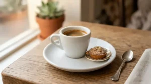 A traditional porcelain espresso cup and saucer set featuring space for a small homemade biscuit