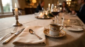 A luxury porcelain espresso cup and saucer set arranged for a formal after-dinner coffee service