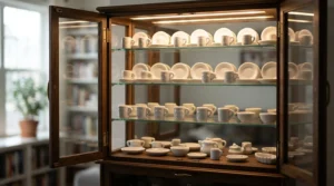 A classic porcelain espresso cup and saucer set neatly stacked inside a wooden display dresser