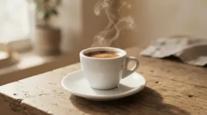 A steaming porcelain espresso cup and saucer set freshly prepared on a wooden breakfast tray
