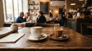 Barista serving coffee in porcelain vs ceramic espresso cups in a cosy London cafe