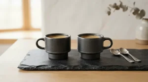 Comparing chip resistance in porcelain vs ceramic espresso cups on a slate tray