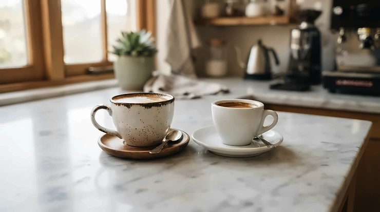 A side-by-side display of porcelain vs ceramic espresso cups on a modern British kitchen counter