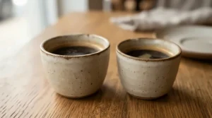 Close-up showing wall thickness in porcelain vs ceramic espresso cups on a wooden table