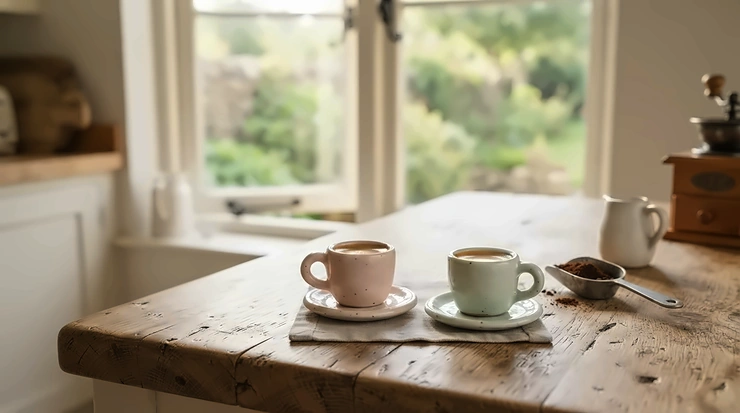 Two pastel stackable espresso cups ready for a morning brew on a wooden breakfast bar.
