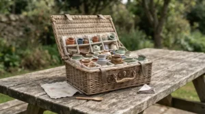 Durable stackable espresso cups packed neatly into a wicker hamper for a weekend getaway.