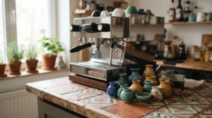 Colourful stackable espresso cups sitting proudly next to a gleaming stainless steel coffee machine.