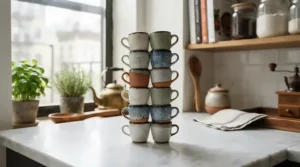 A neat tower of stackable espresso cups resting on a marble countertop in a compact urban kitchen.