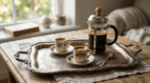 A pair of stackable espresso cups served on a vintage tea tray with a French press.